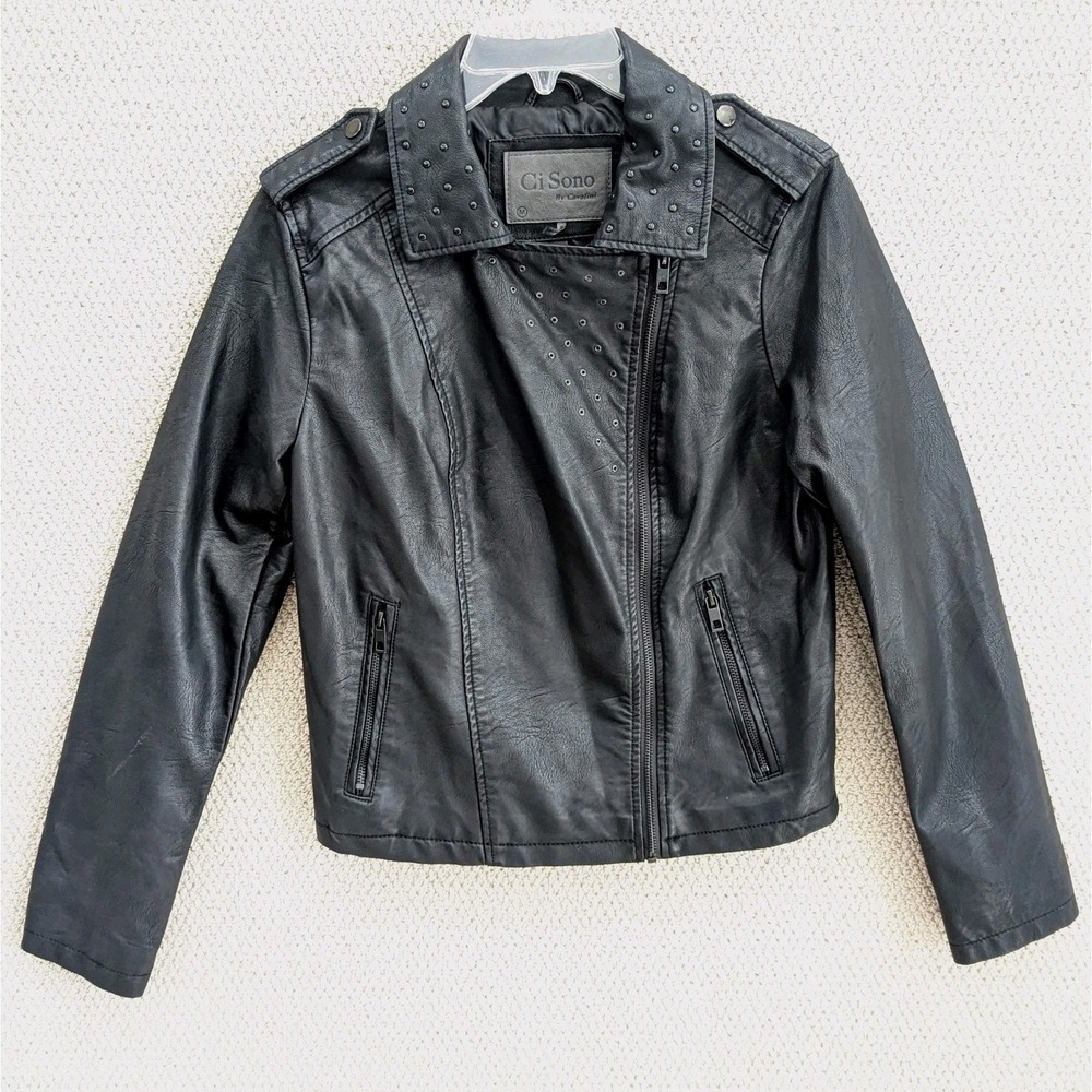 Ci Sono by Cavalini Vegan‎ Leather Jacket Womens Large Black Studed Collar Moto